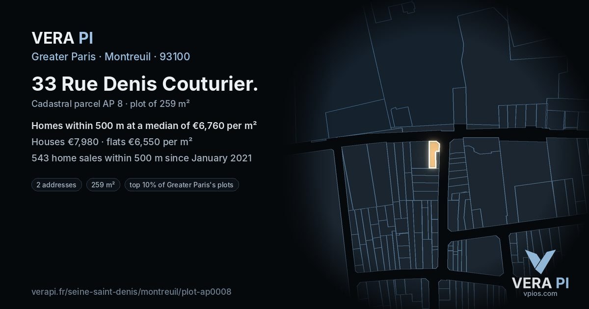 33 Rue Denis Couturier, Montreuil at night – the plot lit, the parcels around coloured by the prices near them