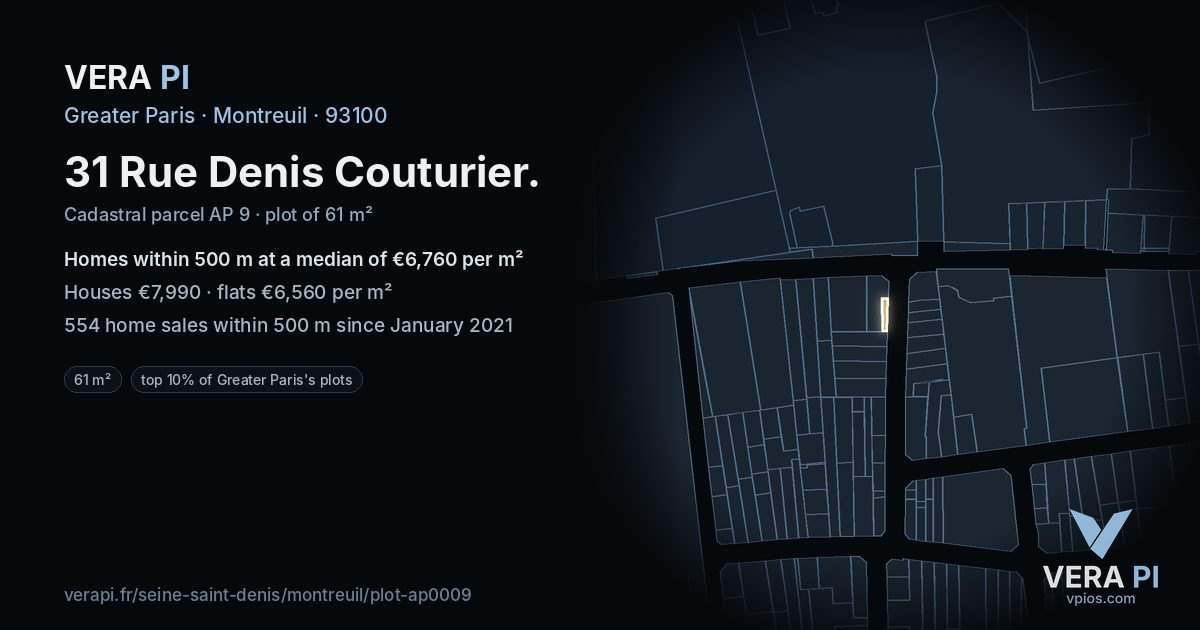 31 Rue Denis Couturier, Montreuil at night – the plot lit, the parcels around coloured by the prices near them