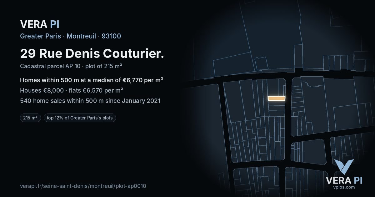 29 Rue Denis Couturier, Montreuil at night – the plot lit, the parcels around coloured by the prices near them