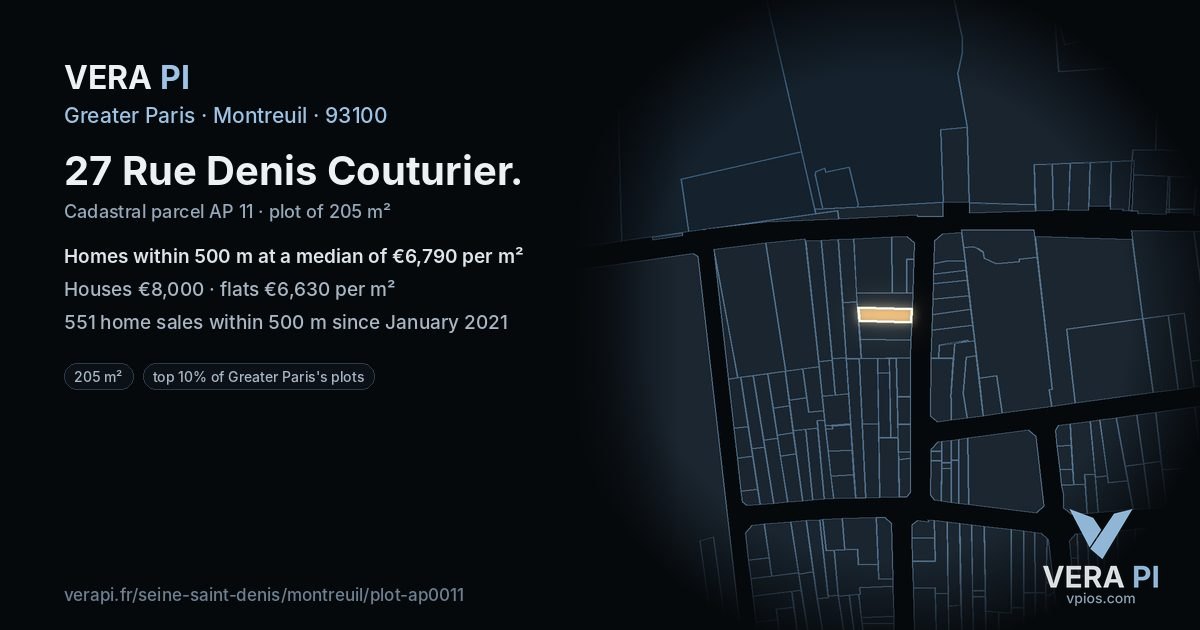 27 Rue Denis Couturier, Montreuil at night – the plot lit, the parcels around coloured by the prices near them