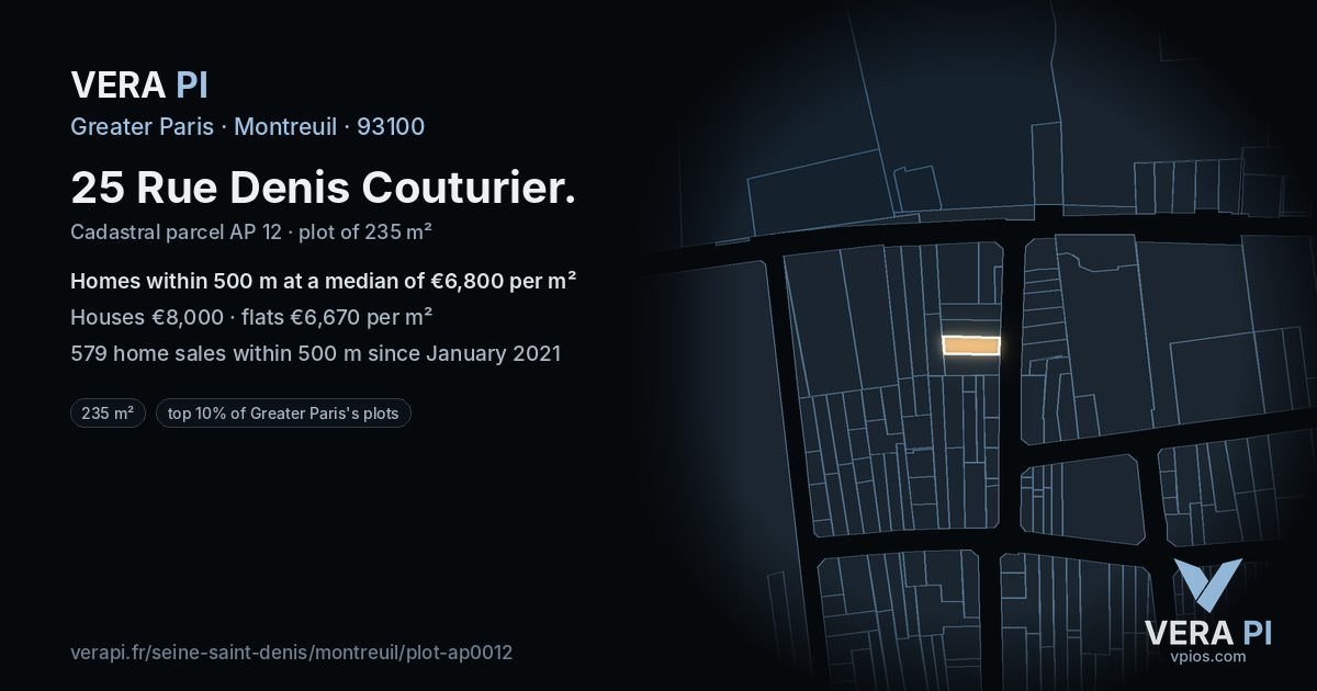 25 Rue Denis Couturier, Montreuil at night – the plot lit, the parcels around coloured by the prices near them