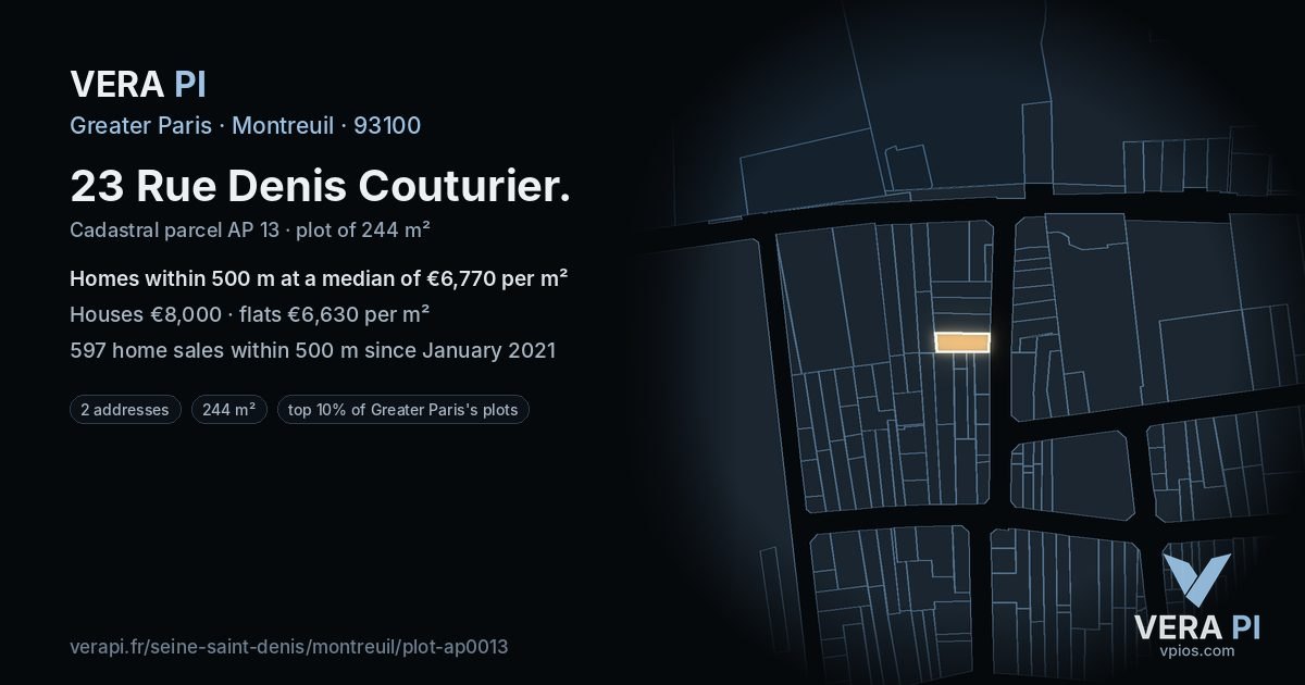 23 Rue Denis Couturier, Montreuil at night – the plot lit, the parcels around coloured by the prices near them