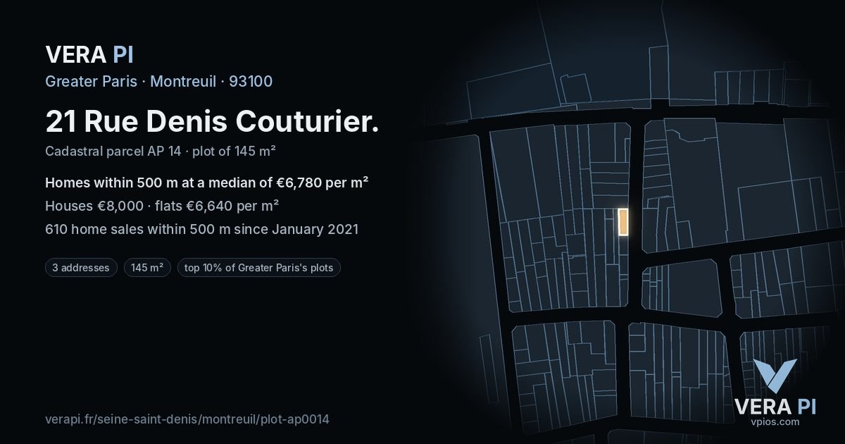 21 Rue Denis Couturier, Montreuil at night – the plot lit, the parcels around coloured by the prices near them