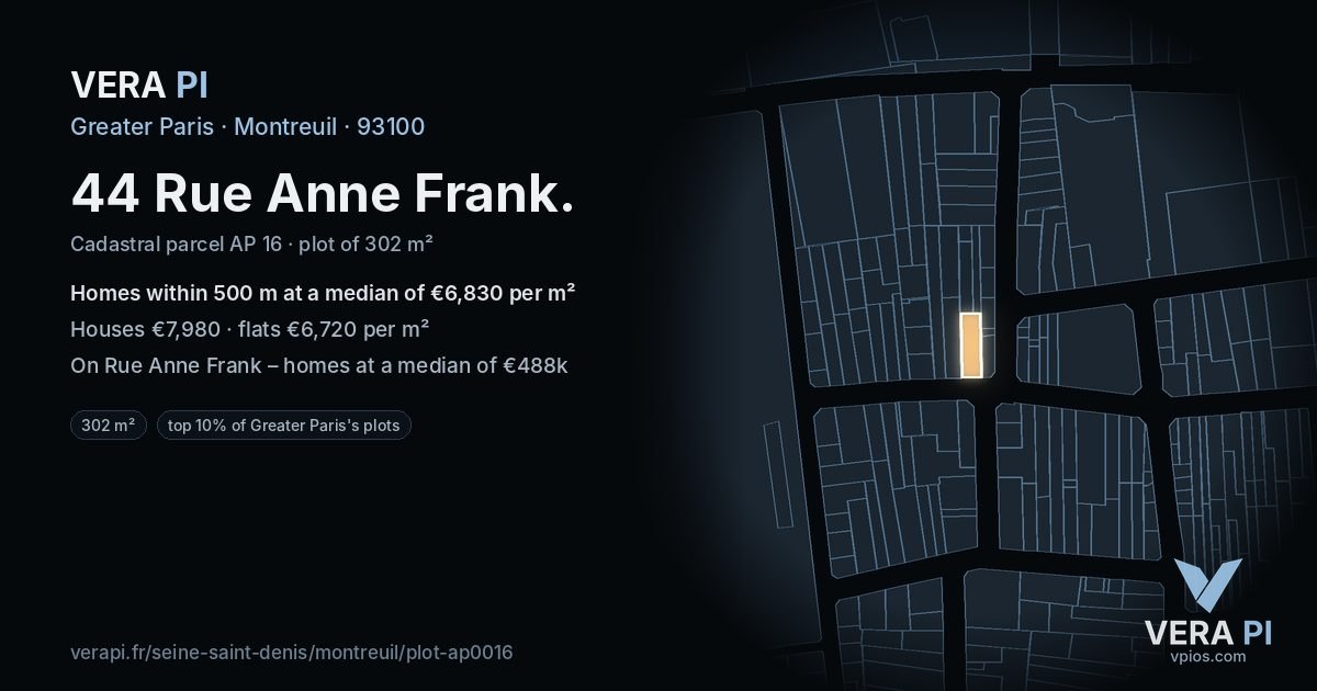 44 Rue Anne Frank, Montreuil at night – the plot lit, the parcels around coloured by the prices near them