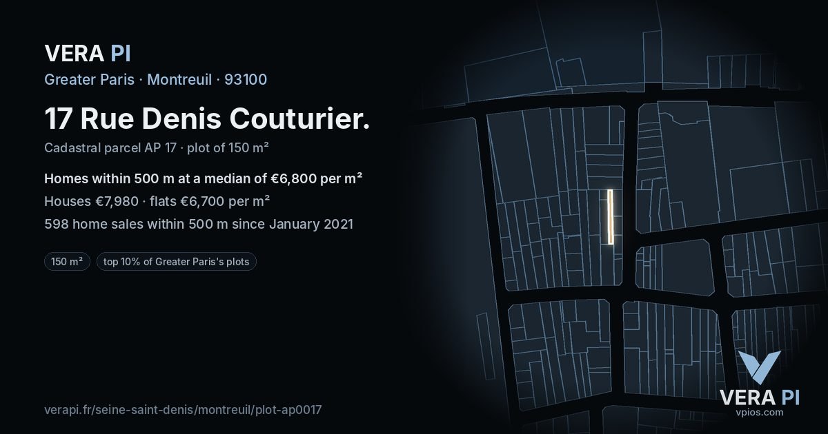 17 Rue Denis Couturier, Montreuil at night – the plot lit, the parcels around coloured by the prices near them