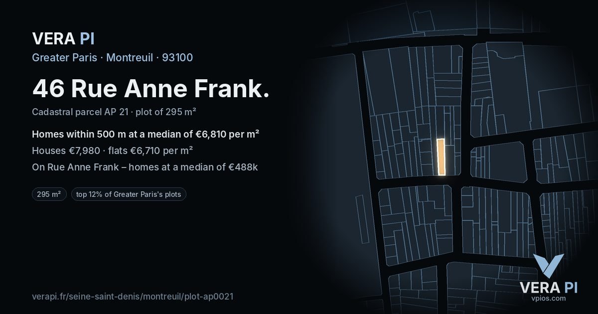 46 Rue Anne Frank, Montreuil at night – the plot lit, the parcels around coloured by the prices near them