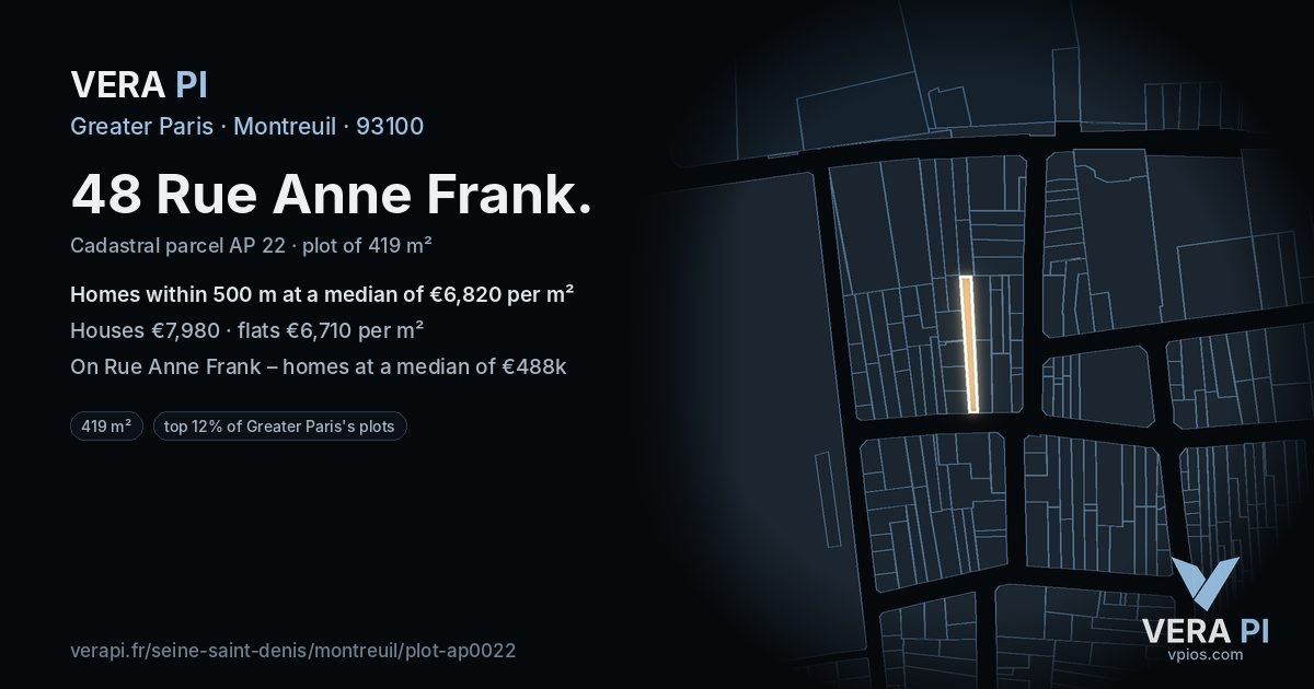 48 Rue Anne Frank, Montreuil at night – the plot lit, the parcels around coloured by the prices near them