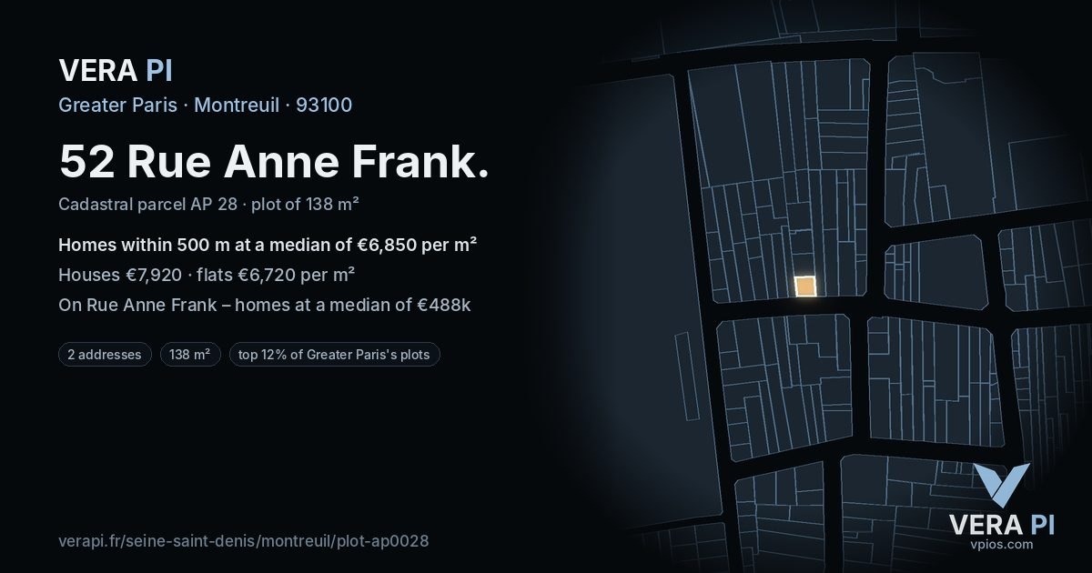 52 Rue Anne Frank, Montreuil at night – the plot lit, the parcels around coloured by the prices near them