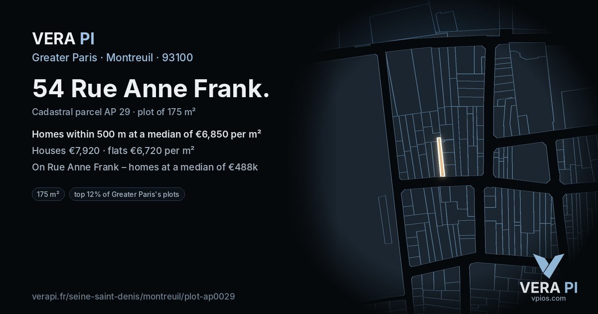 54 Rue Anne Frank, Montreuil at night – the plot lit, the parcels around coloured by the prices near them