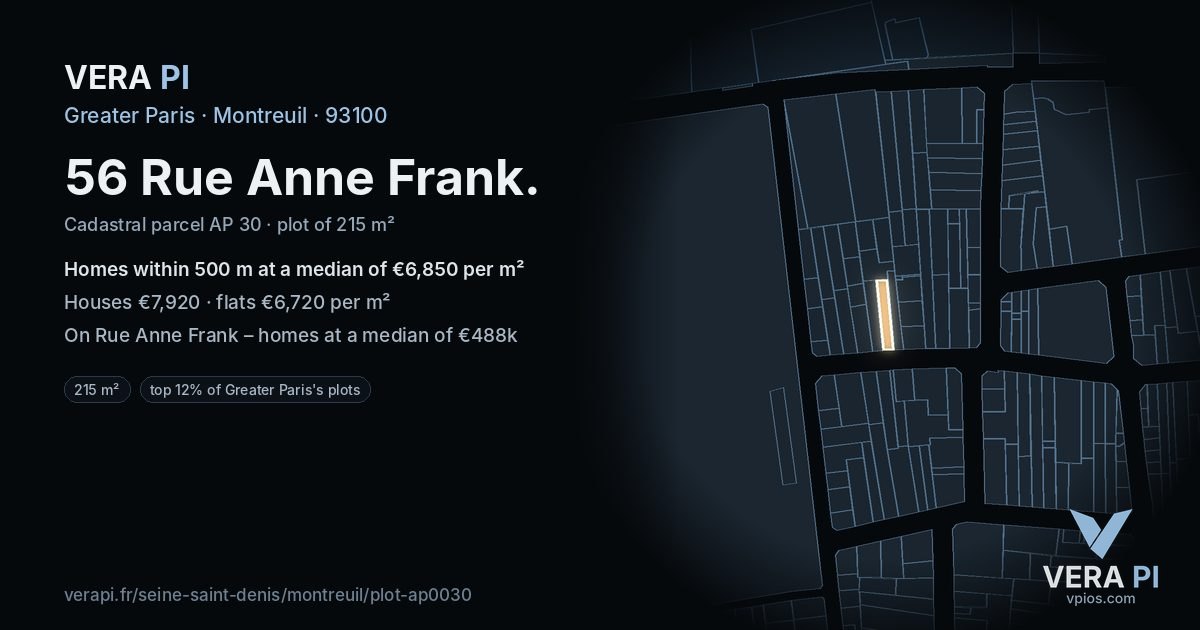 56 Rue Anne Frank, Montreuil at night – the plot lit, the parcels around coloured by the prices near them