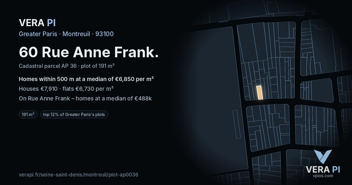 60 Rue Anne Frank, Montreuil at night – the plot lit, the parcels around coloured by the prices near them