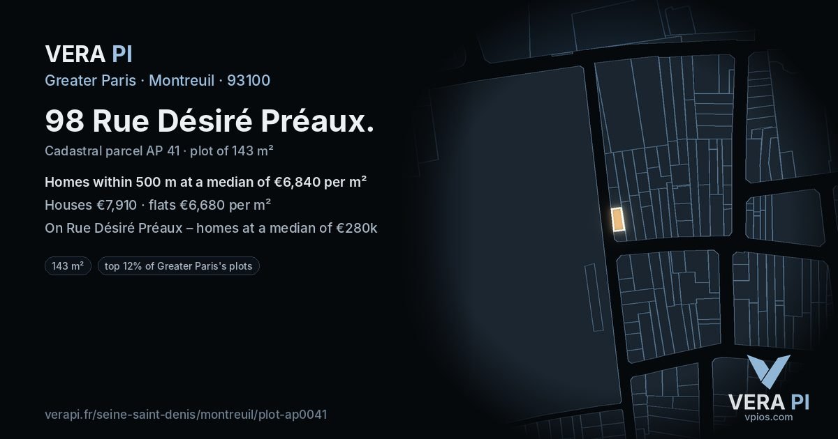 98 Rue Désiré Préaux, Montreuil at night – the plot lit, the parcels around coloured by the prices near them