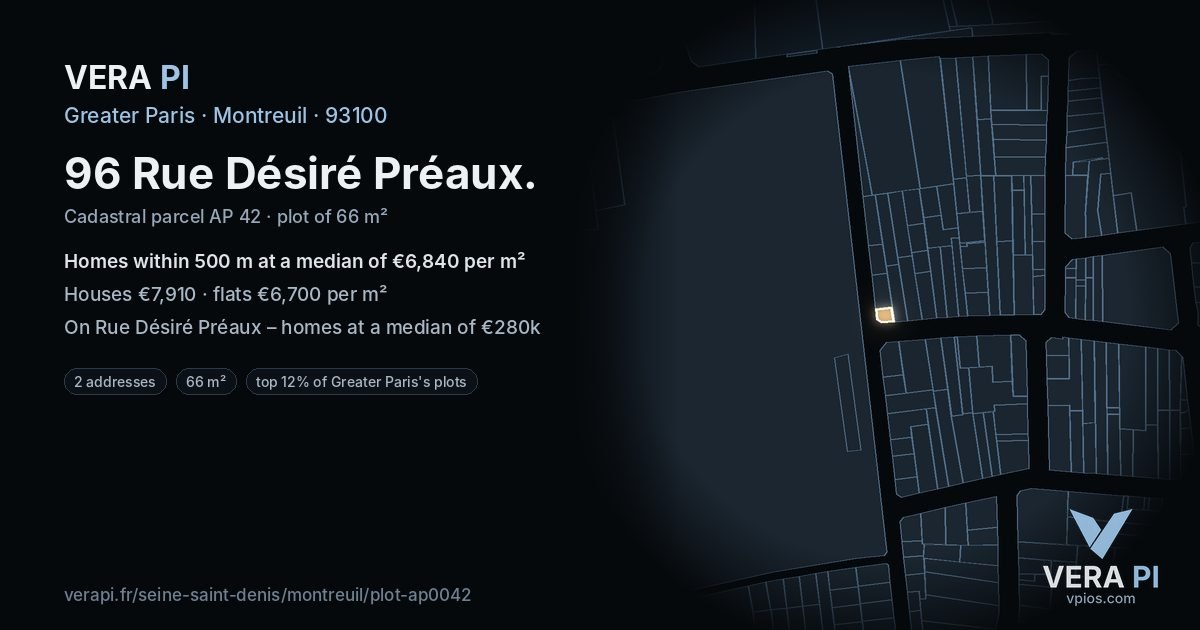 96 Rue Désiré Préaux, Montreuil at night – the plot lit, the parcels around coloured by the prices near them