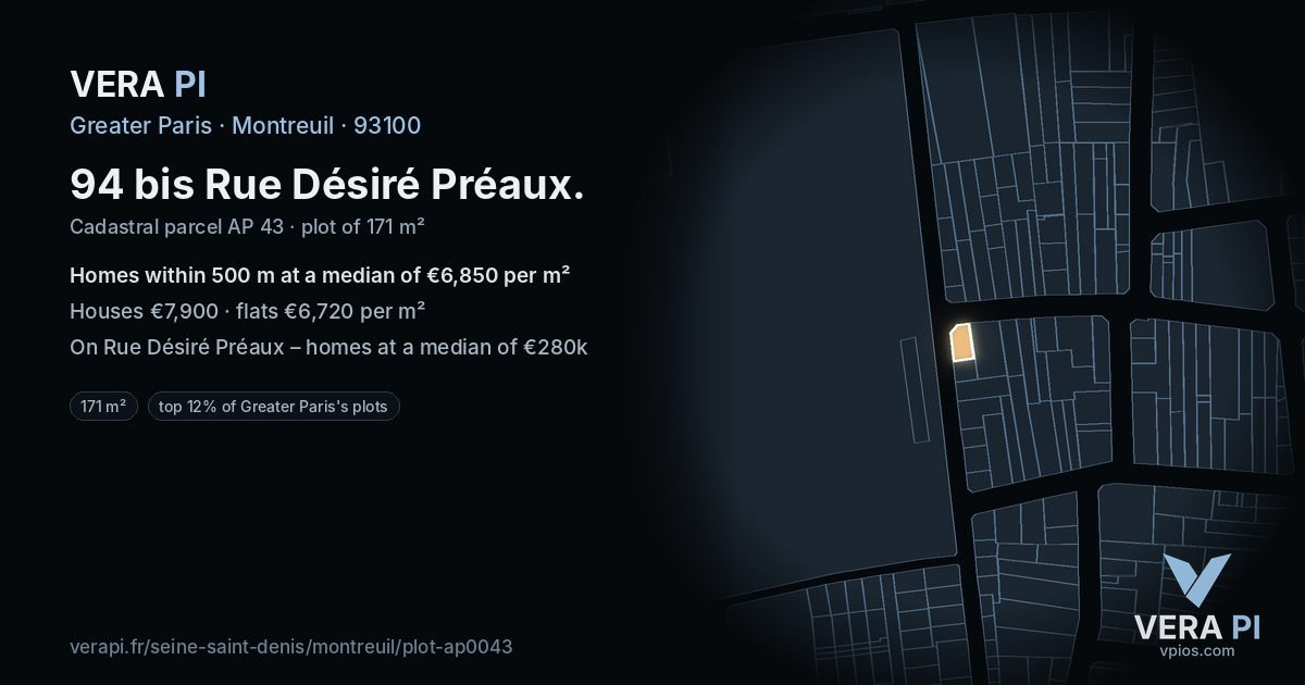 94 bis Rue Désiré Préaux, Montreuil at night – the plot lit, the parcels around coloured by the prices near them