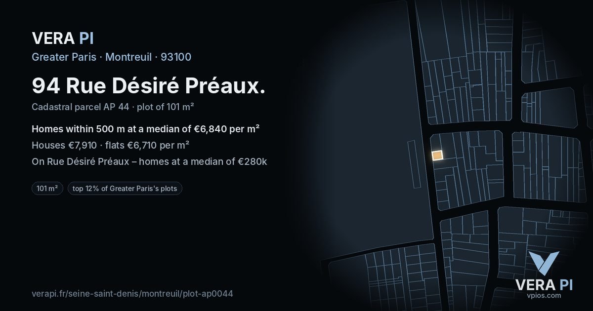 94 Rue Désiré Préaux, Montreuil at night – the plot lit, the parcels around coloured by the prices near them
