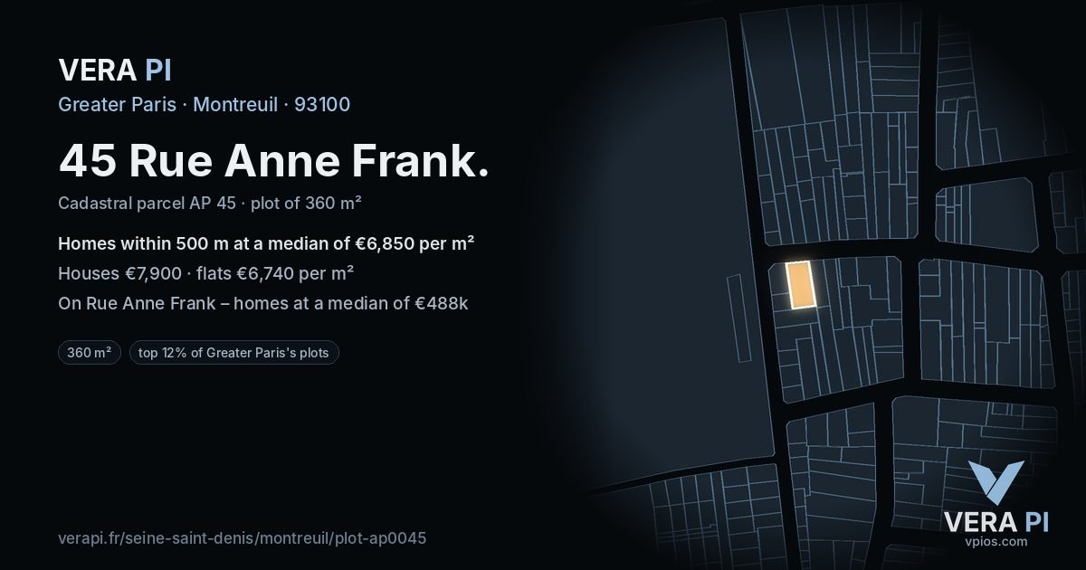 45 Rue Anne Frank, Montreuil at night – the plot lit, the parcels around coloured by the prices near them