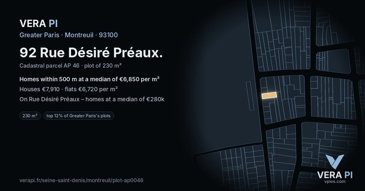 92 Rue Désiré Préaux, Montreuil at night – the plot lit, the parcels around coloured by the prices near them