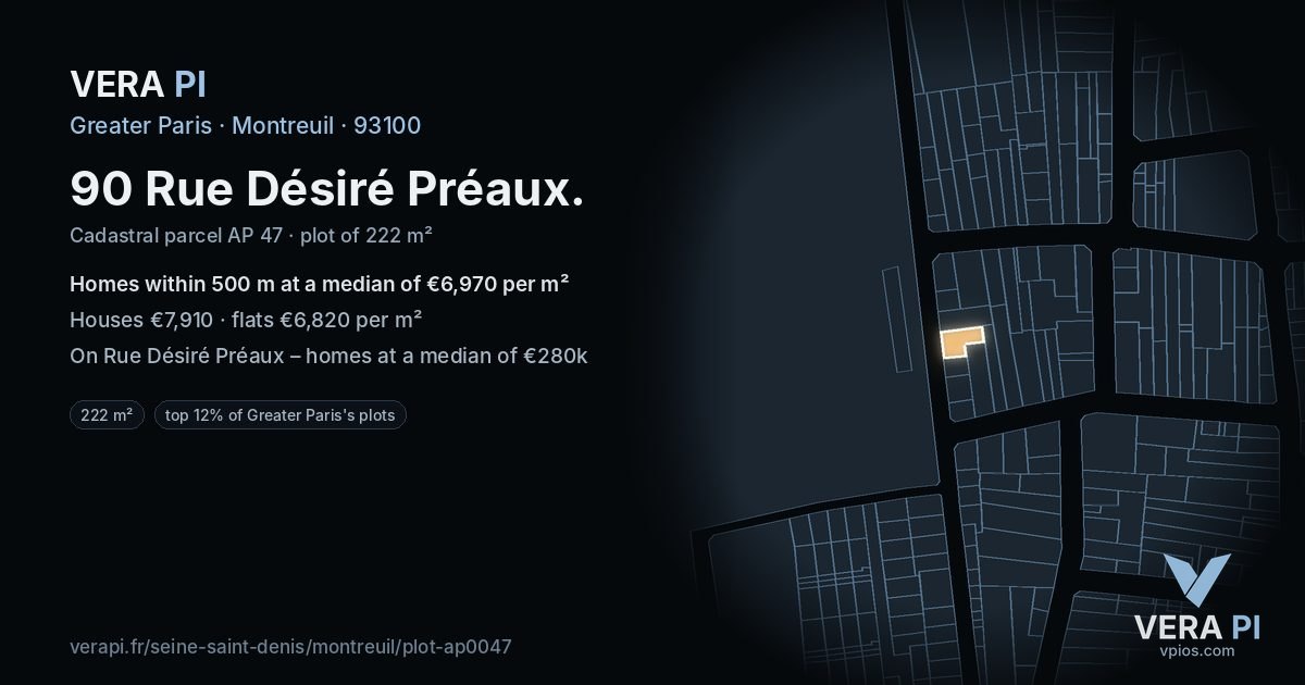 90 Rue Désiré Préaux, Montreuil at night – the plot lit, the parcels around coloured by the prices near them