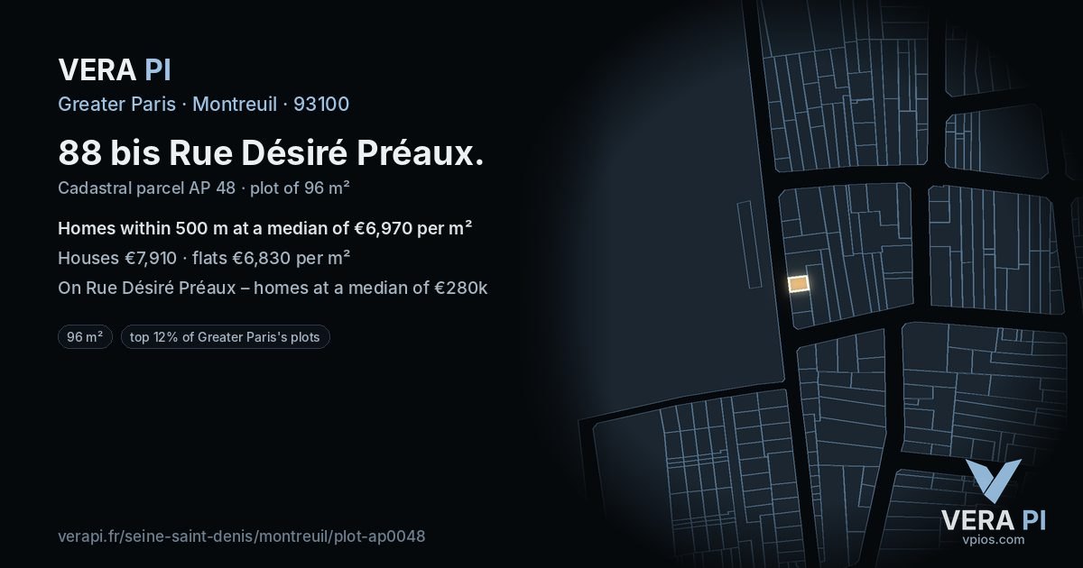 88 bis Rue Désiré Préaux, Montreuil at night – the plot lit, the parcels around coloured by the prices near them