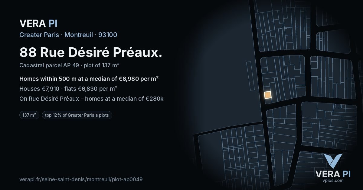 88 Rue Désiré Préaux, Montreuil at night – the plot lit, the parcels around coloured by the prices near them