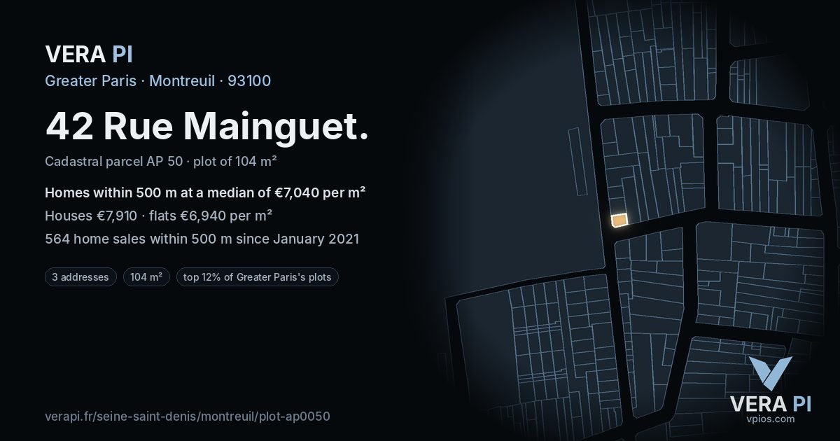 42 Rue Mainguet, Montreuil at night – the plot lit, the parcels around coloured by the prices near them