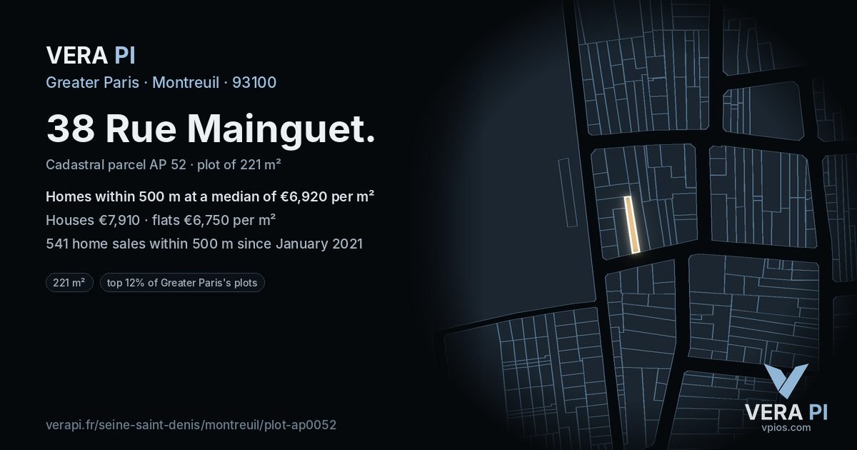 38 Rue Mainguet, Montreuil at night – the plot lit, the parcels around coloured by the prices near them