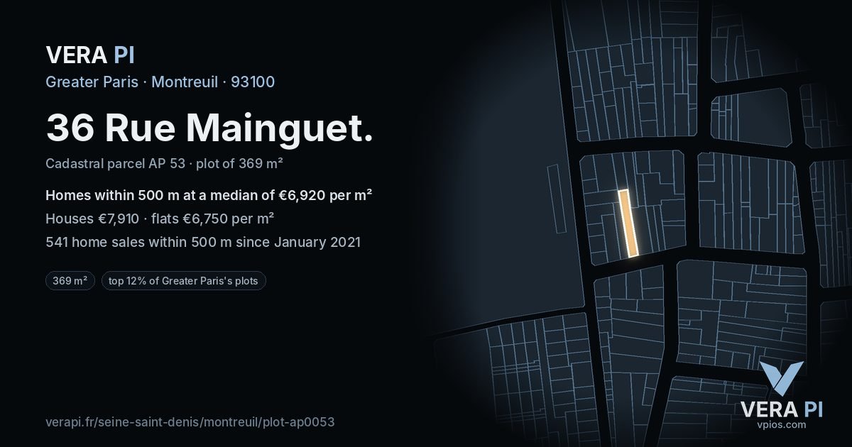 36 Rue Mainguet, Montreuil at night – the plot lit, the parcels around coloured by the prices near them