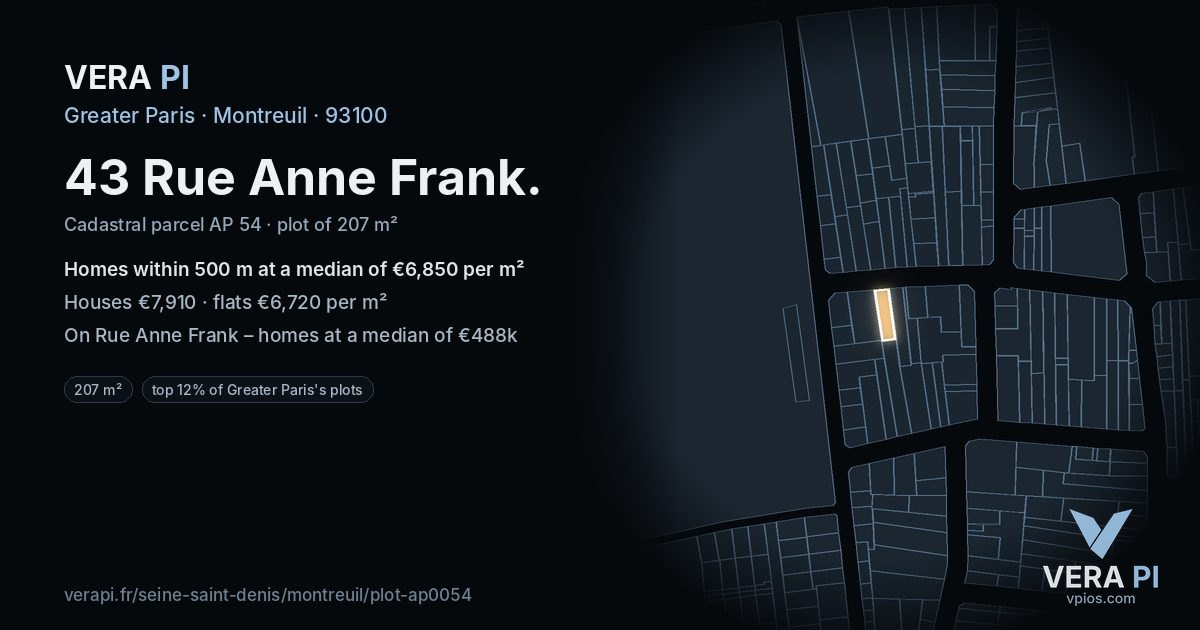 43 Rue Anne Frank, Montreuil at night – the plot lit, the parcels around coloured by the prices near them