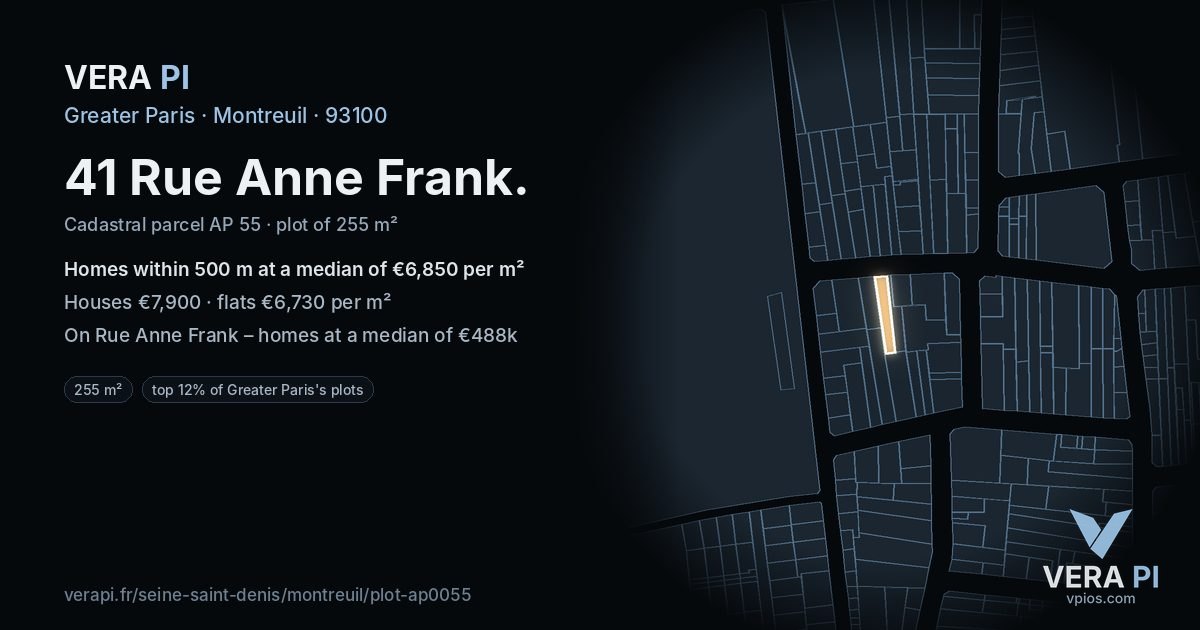 41 Rue Anne Frank, Montreuil at night – the plot lit, the parcels around coloured by the prices near them