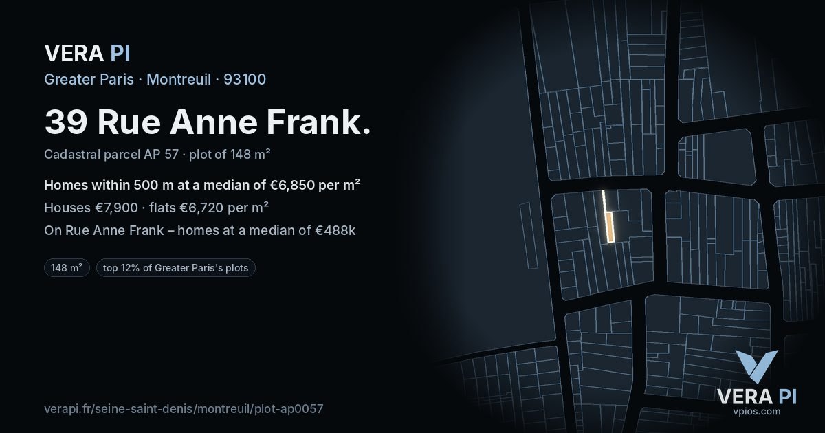39 Rue Anne Frank, Montreuil at night – the plot lit, the parcels around coloured by the prices near them