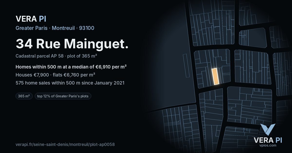 34 Rue Mainguet, Montreuil at night – the plot lit, the parcels around coloured by the prices near them