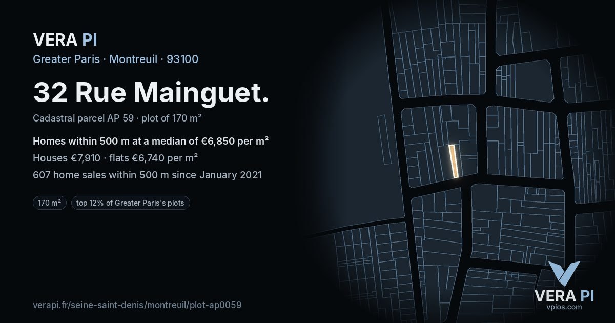 32 Rue Mainguet, Montreuil at night – the plot lit, the parcels around coloured by the prices near them