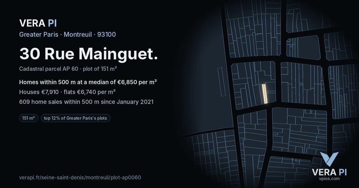 30 Rue Mainguet, Montreuil at night – the plot lit, the parcels around coloured by the prices near them