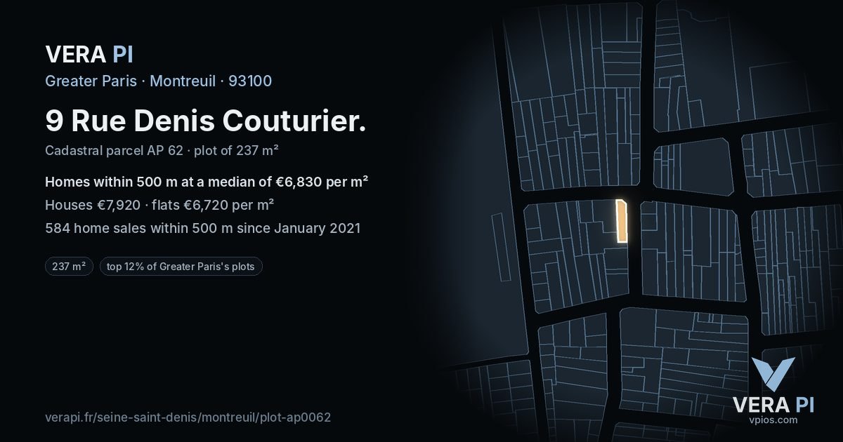 9 Rue Denis Couturier, Montreuil at night – the plot lit, the parcels around coloured by the prices near them