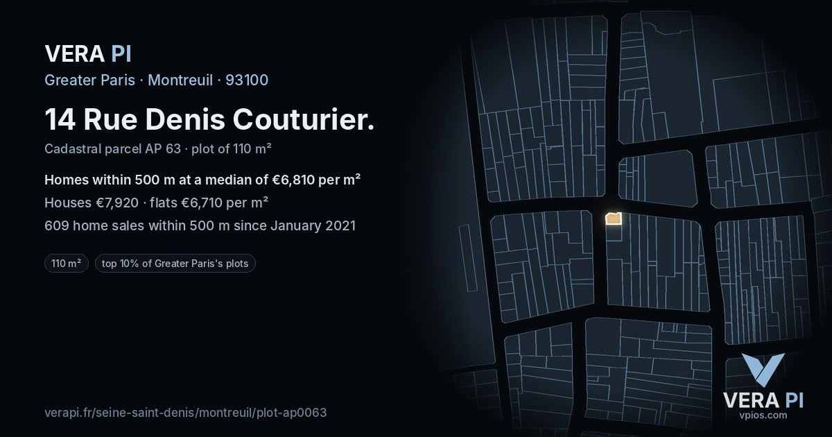 14 Rue Denis Couturier, Montreuil at night – the plot lit, the parcels around coloured by the prices near them