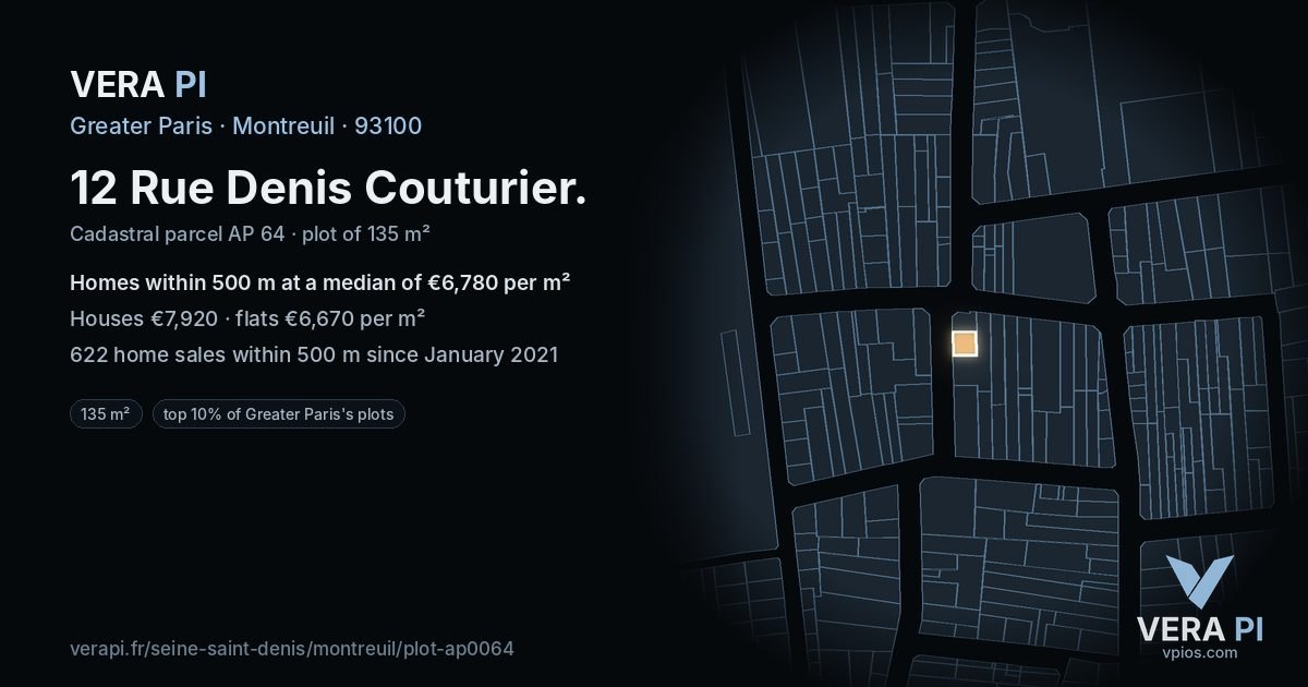 12 Rue Denis Couturier, Montreuil at night – the plot lit, the parcels around coloured by the prices near them
