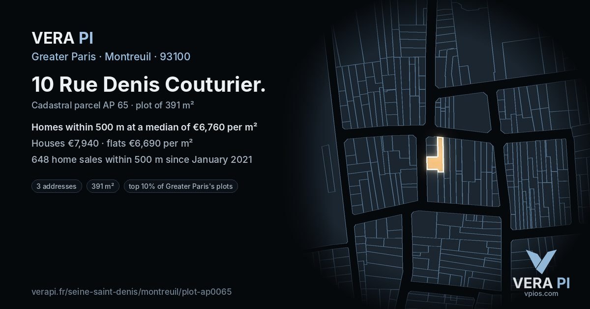 10 Rue Denis Couturier, Montreuil at night – the plot lit, the parcels around coloured by the prices near them