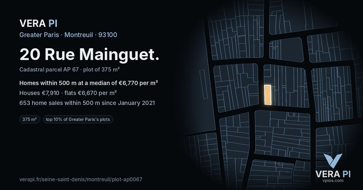 20 Rue Mainguet, Montreuil at night – the plot lit, the parcels around coloured by the prices near them