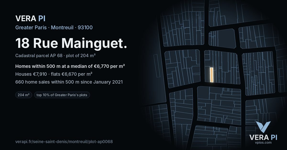 18 Rue Mainguet, Montreuil at night – the plot lit, the parcels around coloured by the prices near them