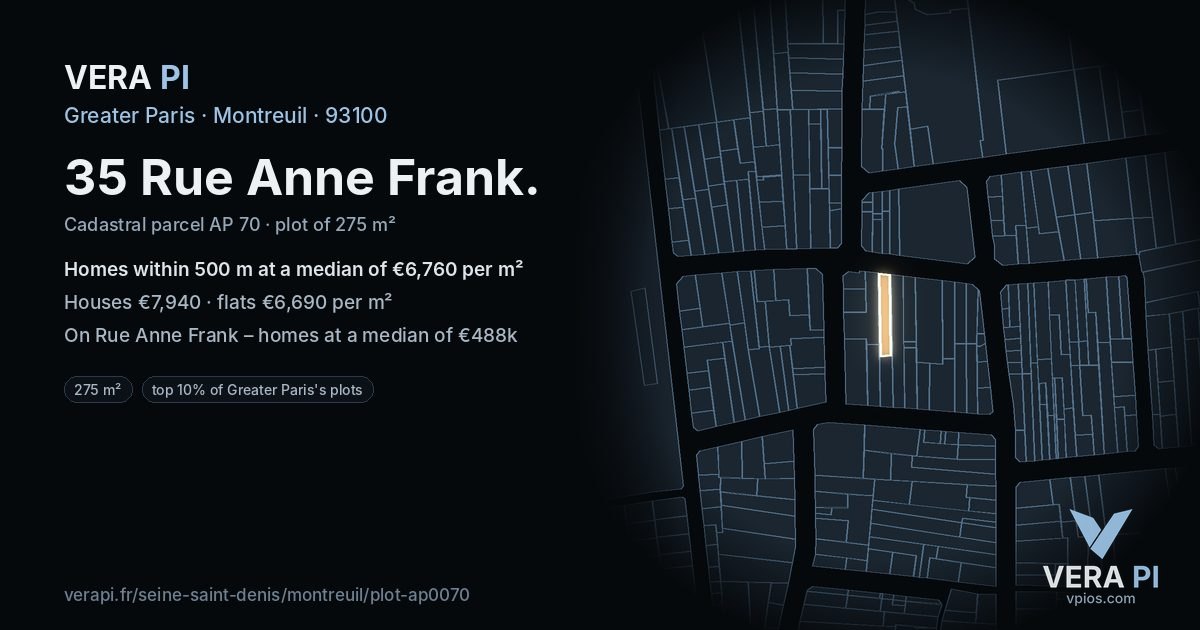 35 Rue Anne Frank, Montreuil at night – the plot lit, the parcels around coloured by the prices near them