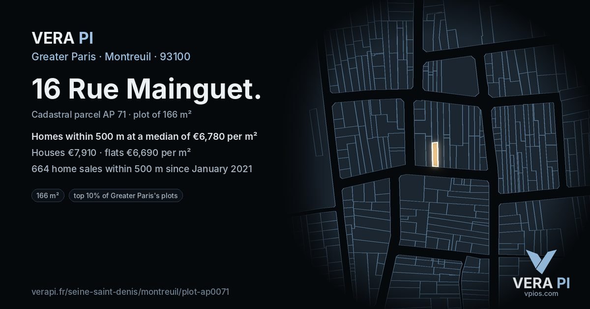 16 Rue Mainguet, Montreuil at night – the plot lit, the parcels around coloured by the prices near them