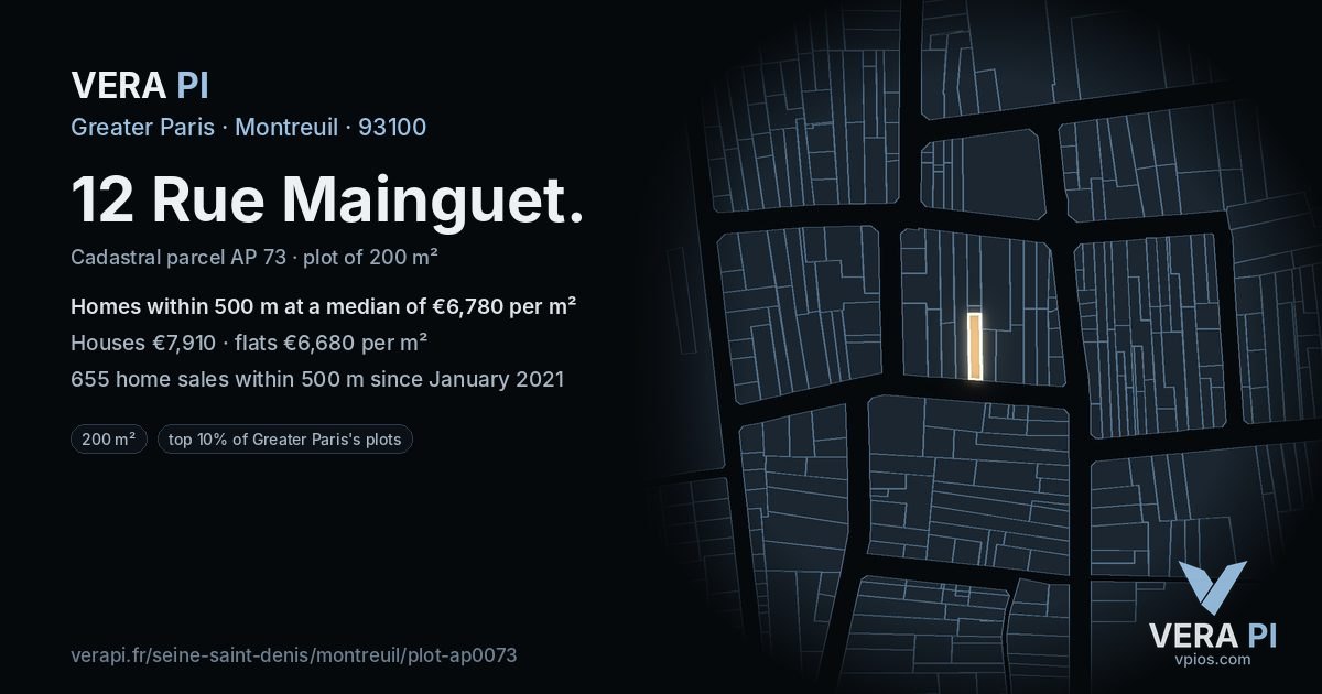 12 Rue Mainguet, Montreuil at night – the plot lit, the parcels around coloured by the prices near them