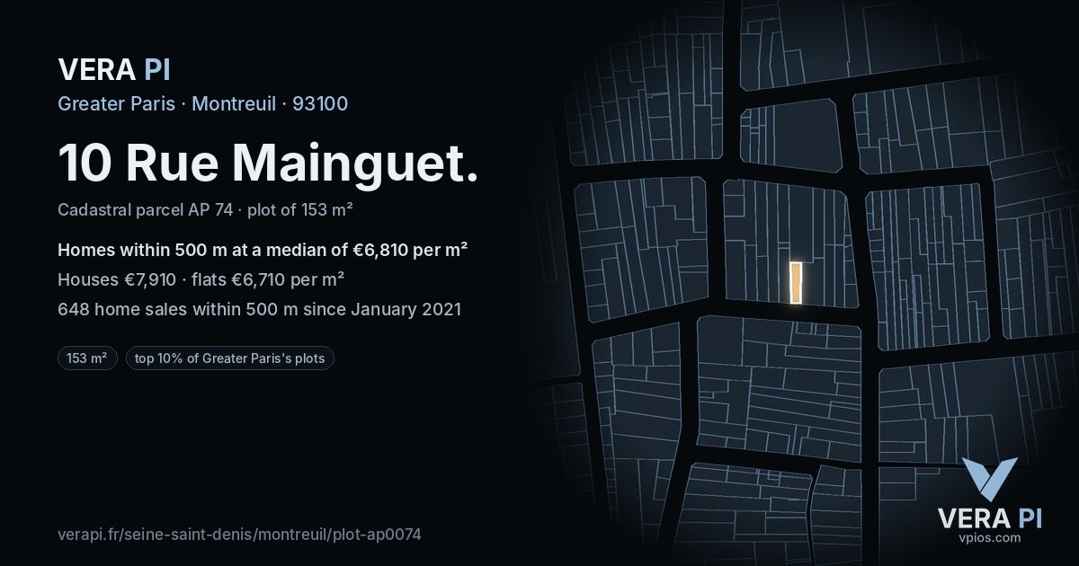 10 Rue Mainguet, Montreuil at night – the plot lit, the parcels around coloured by the prices near them