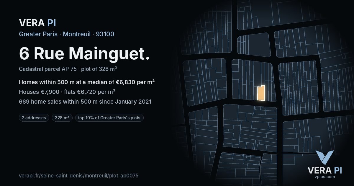 6 Rue Mainguet, Montreuil at night – the plot lit, the parcels around coloured by the prices near them