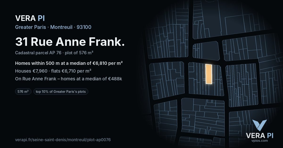 31 Rue Anne Frank, Montreuil at night – the plot lit, the parcels around coloured by the prices near them