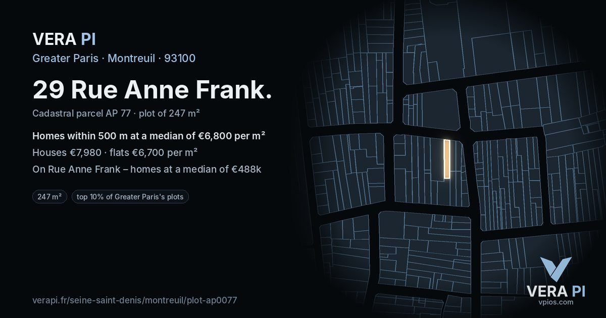 29 Rue Anne Frank, Montreuil at night – the plot lit, the parcels around coloured by the prices near them