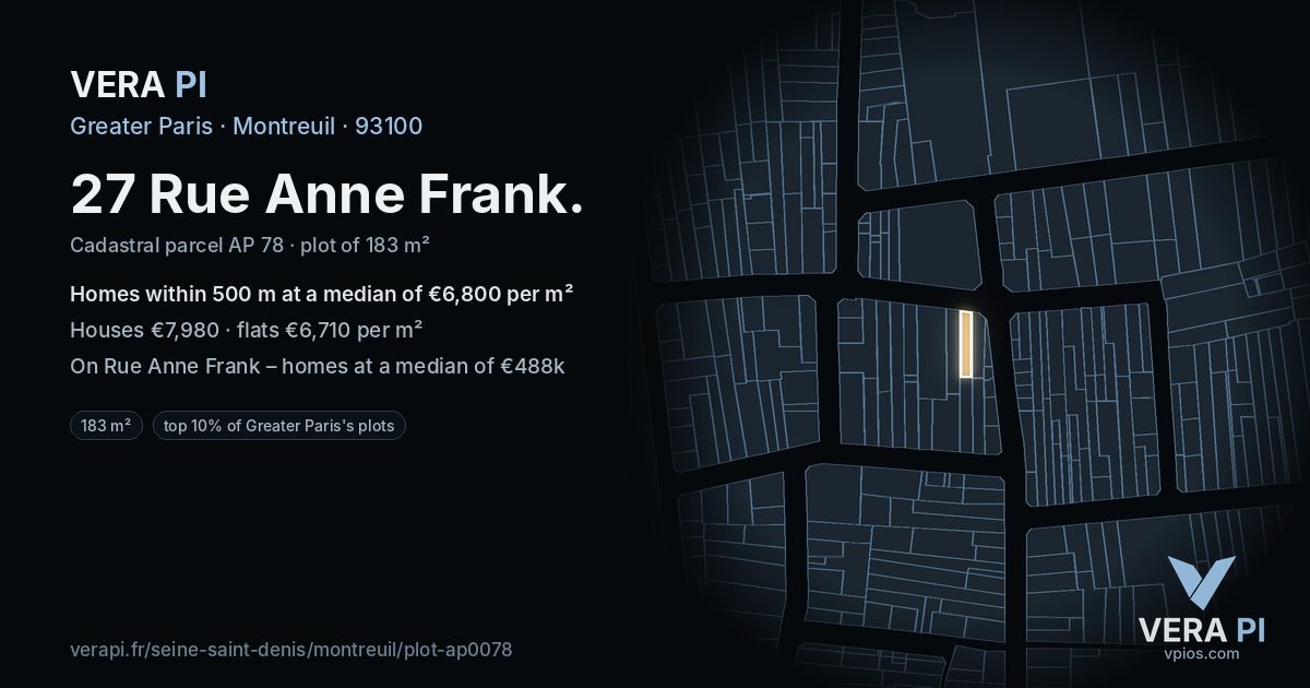 27 Rue Anne Frank, Montreuil at night – the plot lit, the parcels around coloured by the prices near them
