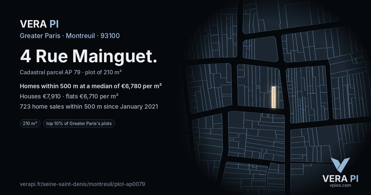 4 Rue Mainguet, Montreuil at night – the plot lit, the parcels around coloured by the prices near them