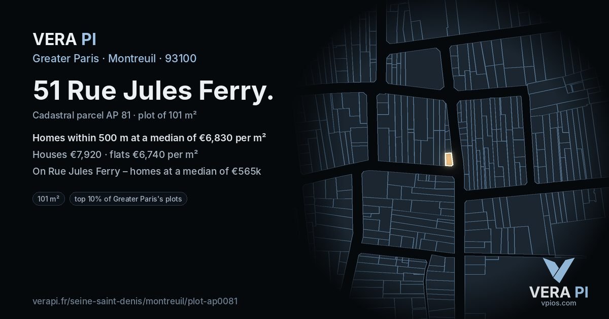 51 Rue Jules Ferry, Montreuil at night – the plot lit, the parcels around coloured by the prices near them