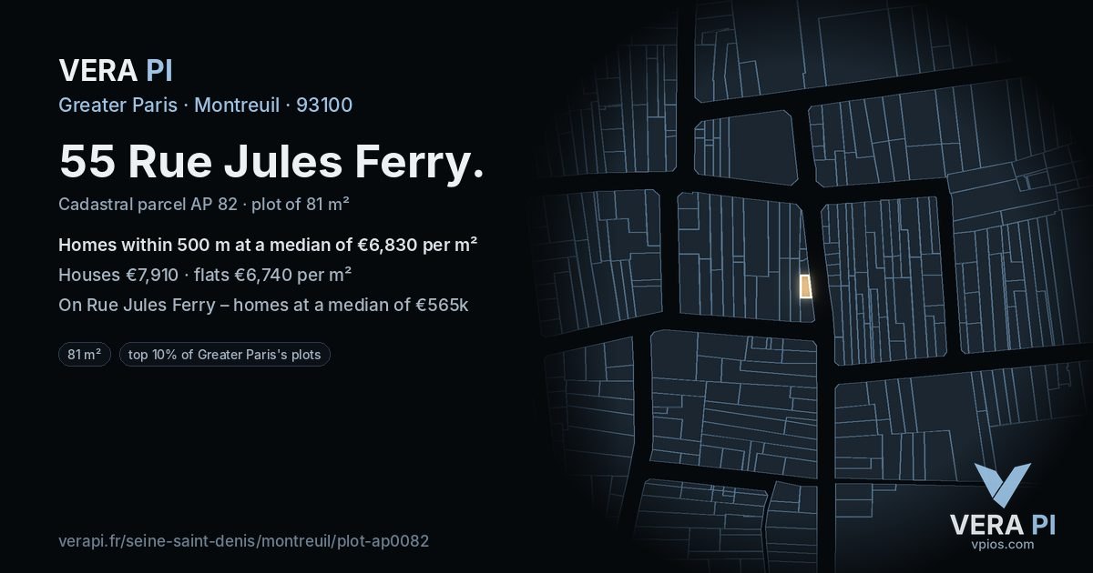 55 Rue Jules Ferry, Montreuil at night – the plot lit, the parcels around coloured by the prices near them